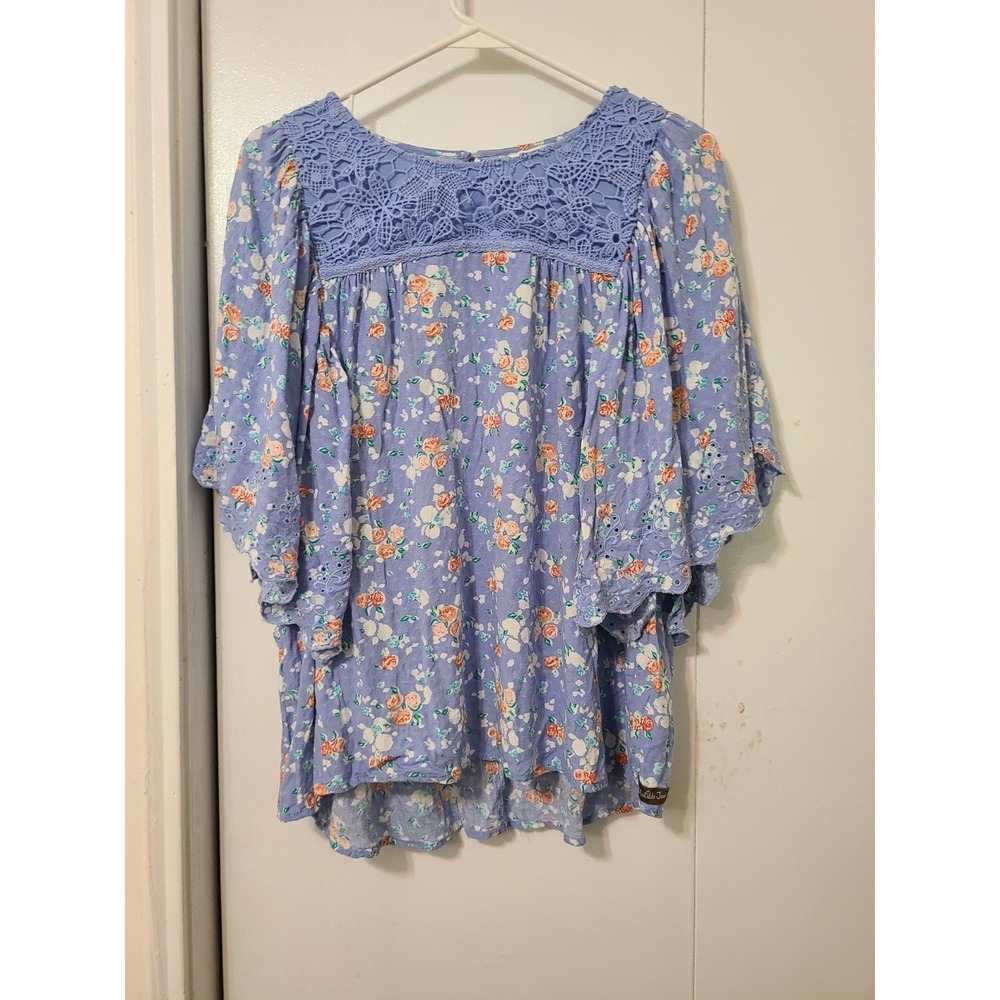 Matilda Jane Blouse Is A Cornflower Blue Foral Tunic Crochet Neckline. Size L